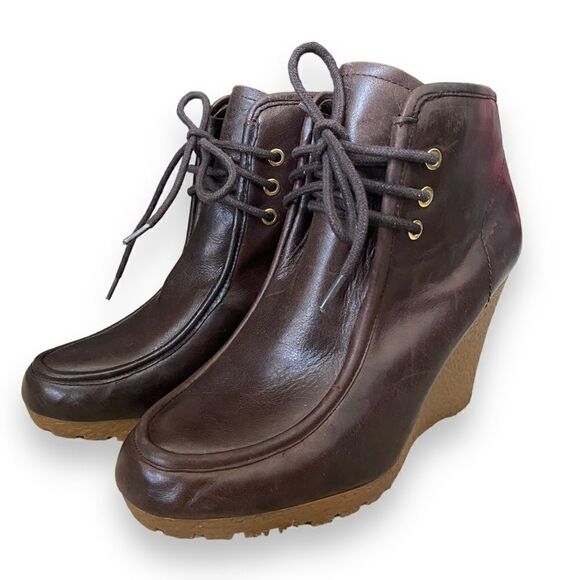 Michael Kors Brown Genuine Leather Platform Wedge Ankle Booties Size Women's 9 - Picture 2 of 7
